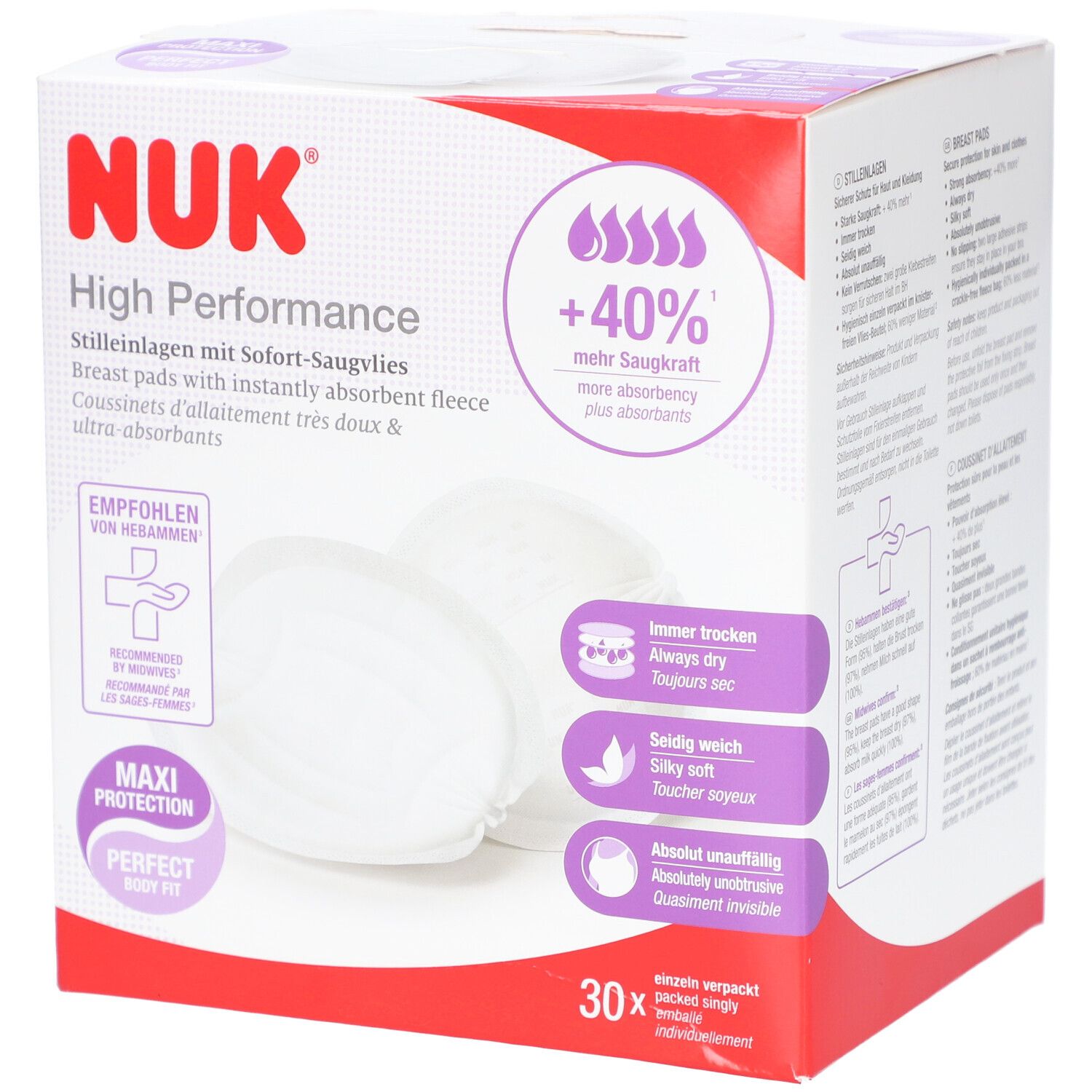 Boîte de coussinets d'allaitement NUK High Performance. 30 pièces. Recommandé par les sages-femmes. Maxi Protection. Ajustement parfait.