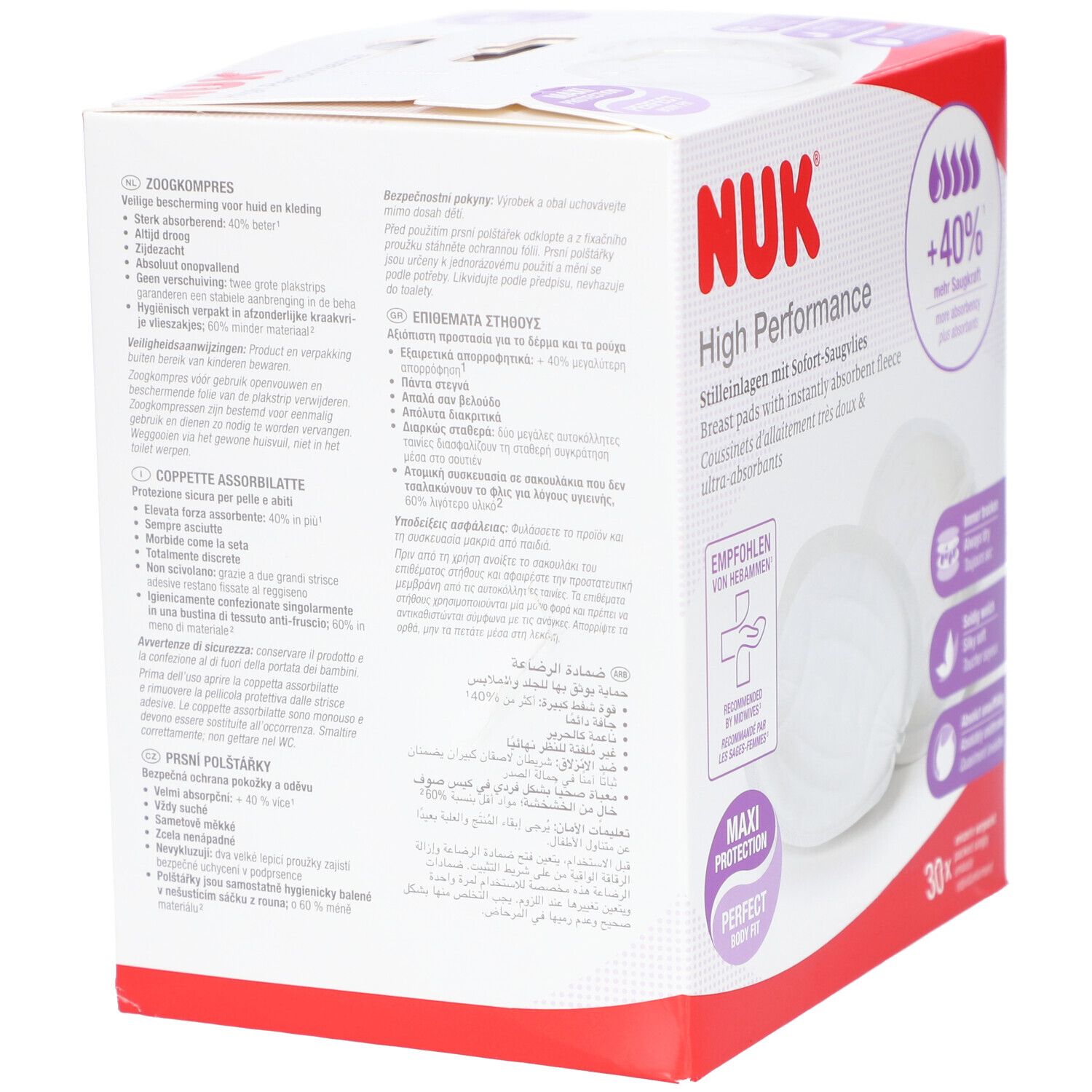 Dos de la boîte de coussinets d'allaitement NUK High Performance. Informations produit multilingues.
