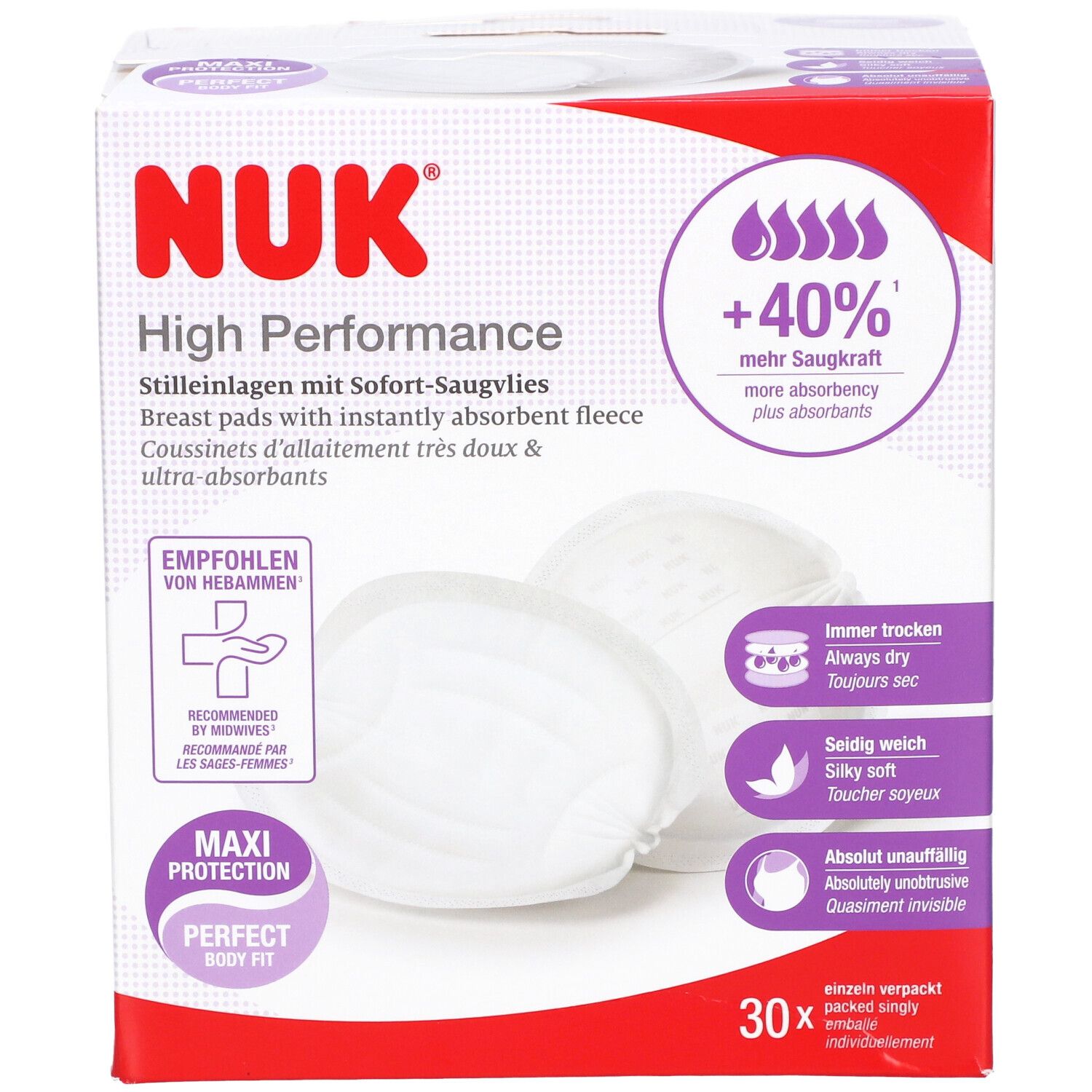 Boîte de coussinets d'allaitement NUK High Performance. 30 pièces. Recommandé par les sages-femmes. Maxi Protection. Ajustement parfait.