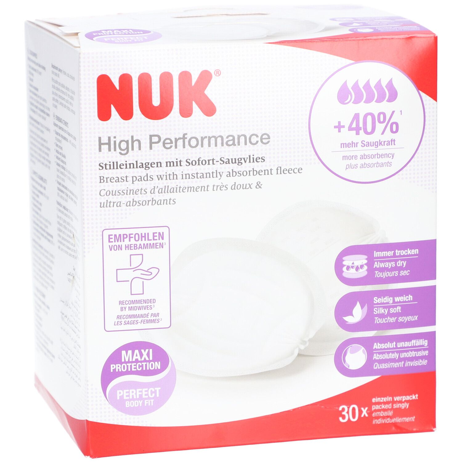 Boîte de coussinets d'allaitement NUK High Performance. 30 pièces. Recommandé par les sages-femmes. Maxi Protection. Ajustement parfait.