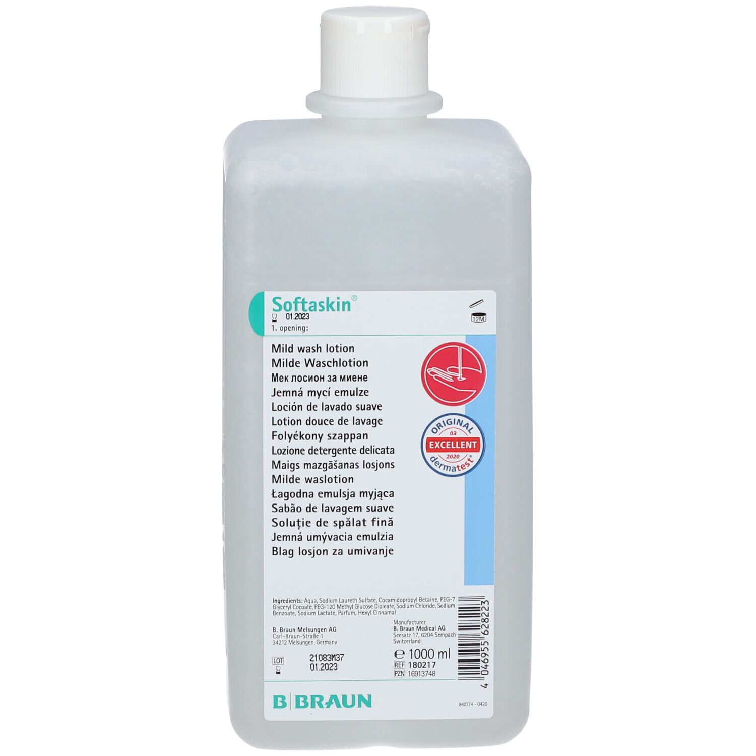 Transparante fles met witte dop. Opschrift: Softaskin Milde Waschlotion. Zegel: Original Excellent.