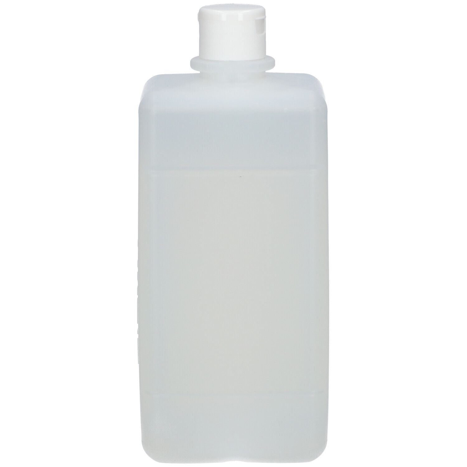 Transparante, rechthoekige fles met witte klapdop.