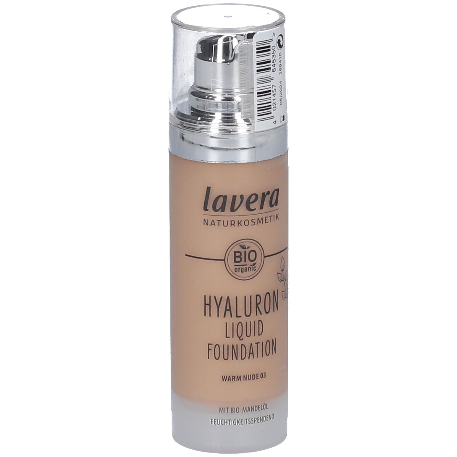 Fond de teint liquide lavera. Flacon beige avec pompe. Inscription: Hyaluron Liquid Foundation, Warm Nude 03. Label bio.