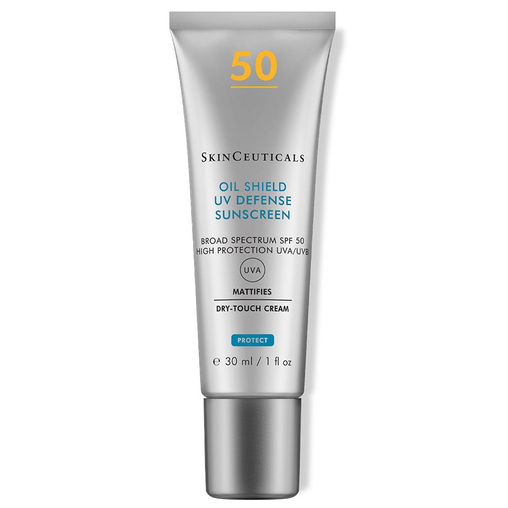 SkinCeuticals OIL SHIELD UV DEFENSE LSF 50 tube. Zilveren tube met gele 50. Tekst.
