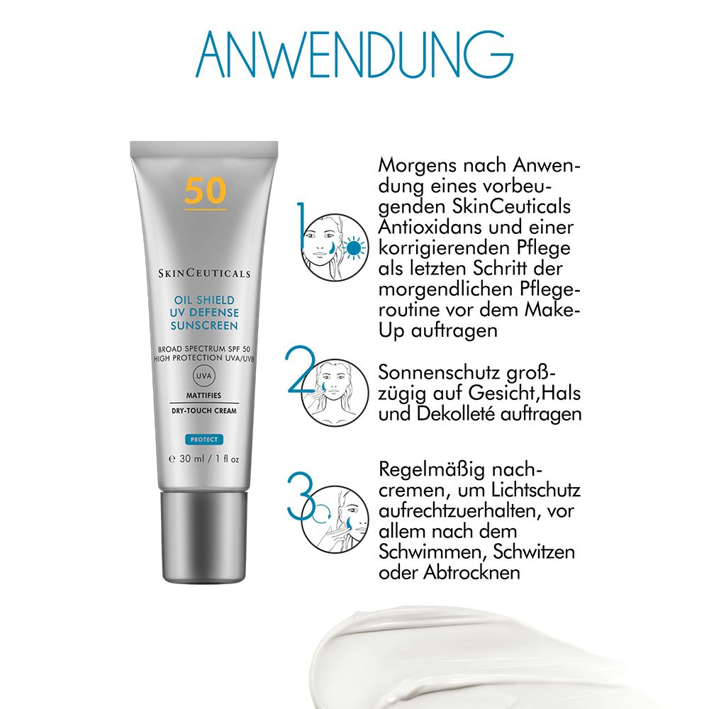 Gebruik van SkinCeuticals OIL SHIELD UV DEFENSE LSF 50. 3 stappen.