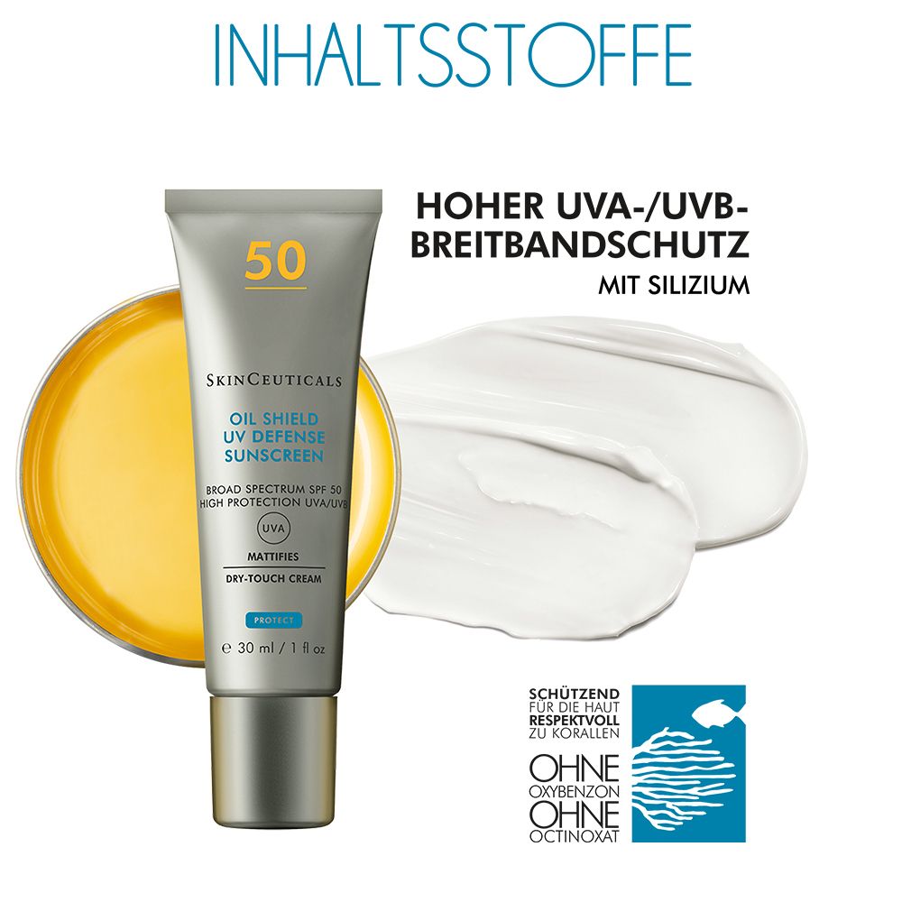 SkinCeuticals OIL SHIELD UV DEFENSE LSF 50 tube. Tekst en crème. Zonder oxybenzone.