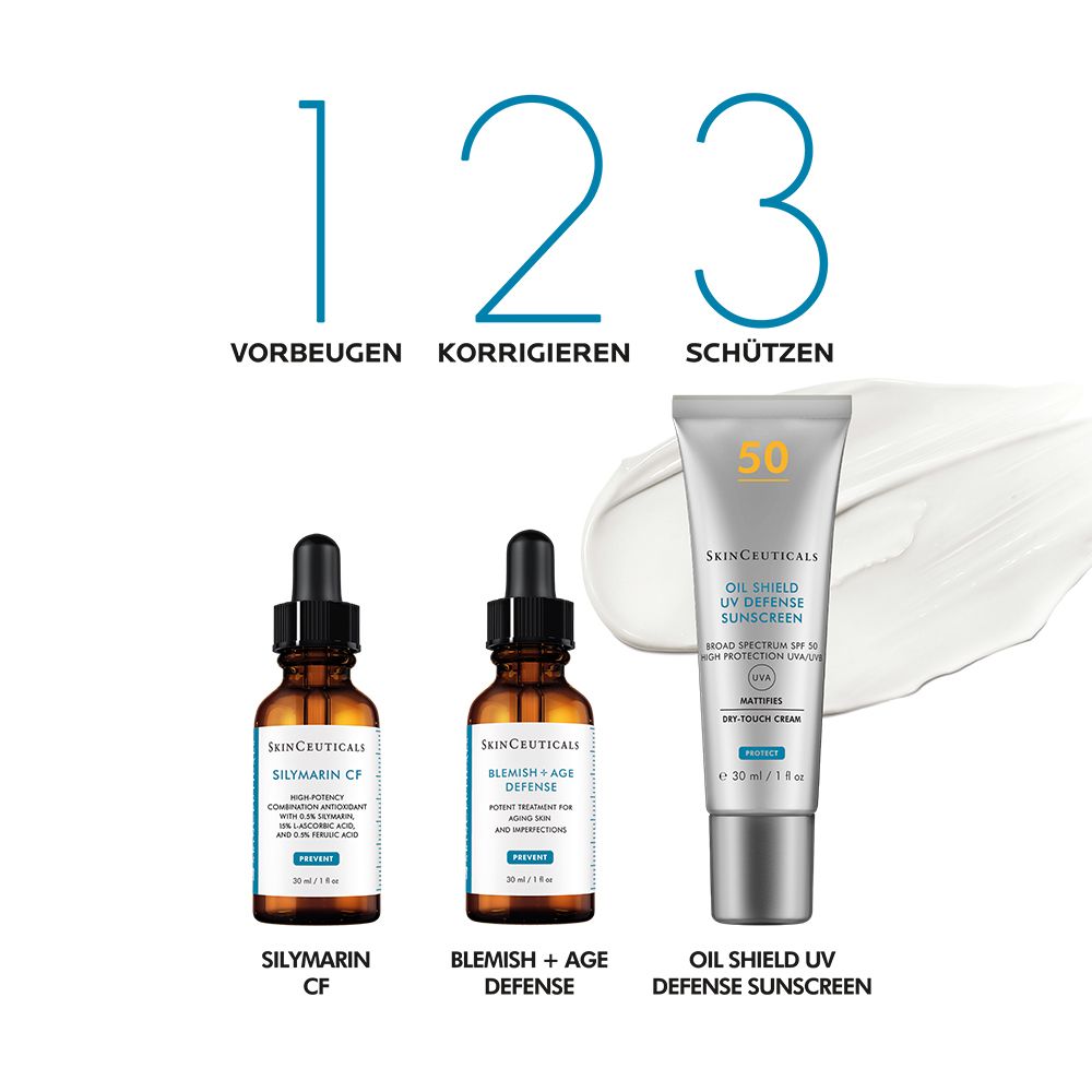 Drie SkinCeuticals producten. Silymarin CF, Blemish + Age Defense, OIL SHIELD UV DEFENSE.