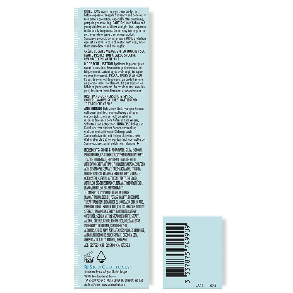Achterkant van de verpakking van SkinCeuticals OIL SHIELD UV DEFENSE LSF 50. Tekst.