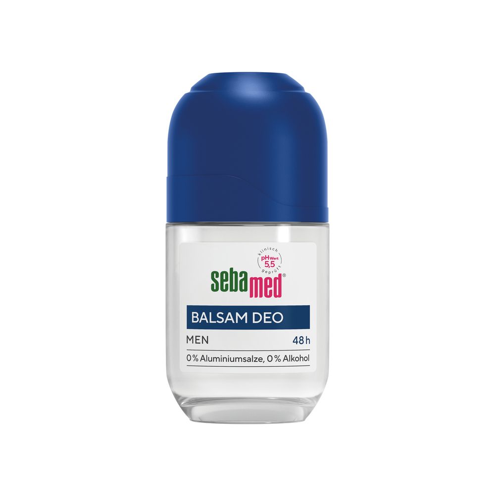 Déodorant roll-on pour hommes. Flacon blanc avec bouchon bleu. Inscriptions : sebamed, Deo Sensitive, pour hommes, sans sels d'aluminium.