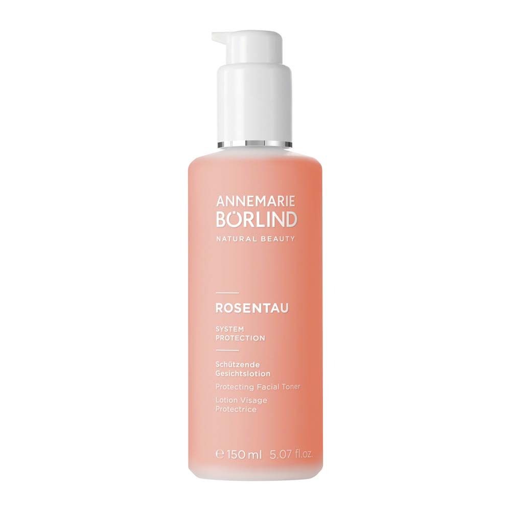 Roze fles met pomp. Opschrift: ANNEMARIE BÖRLIND, ROSENTAU, Beschermende gezichtslotion.
