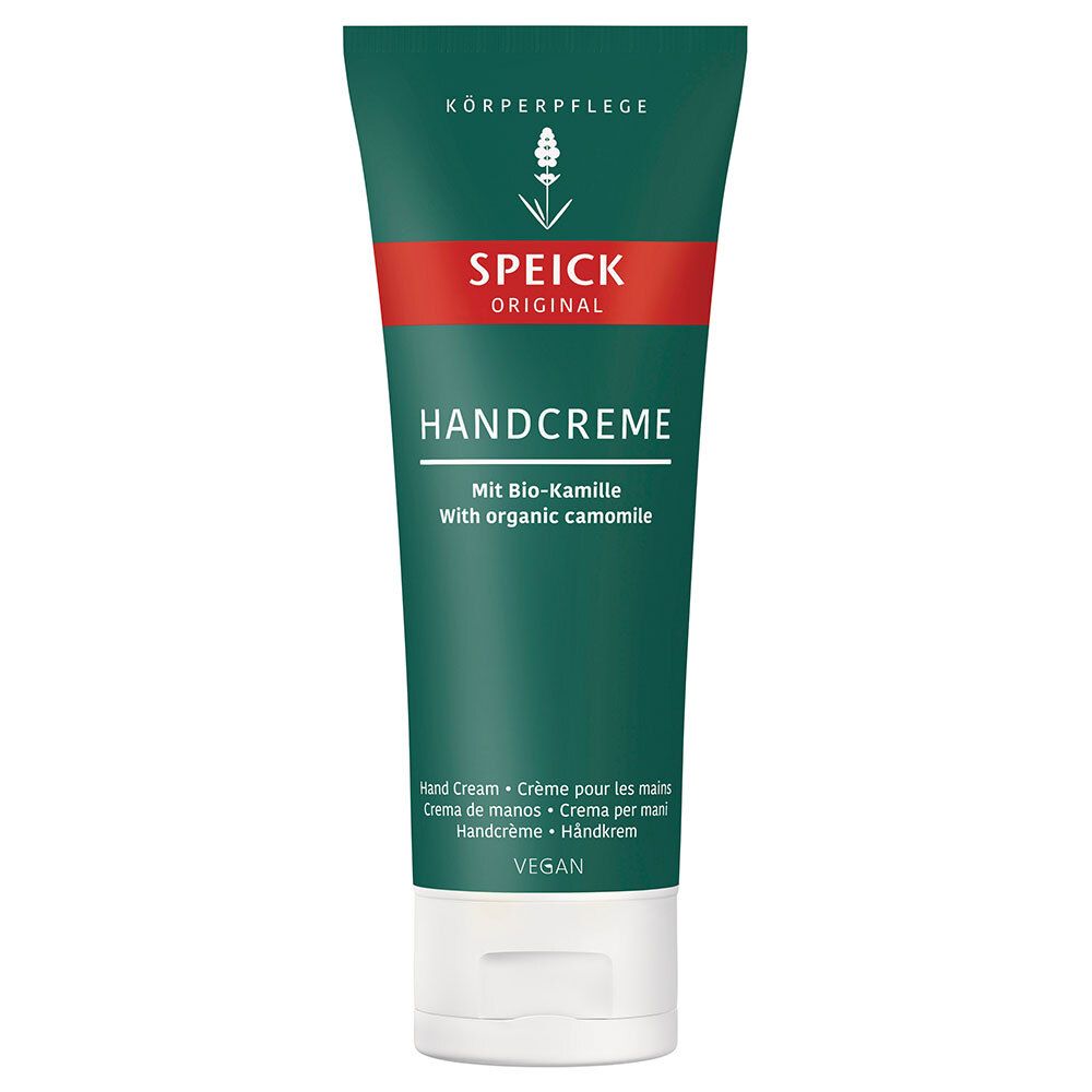Tube verte de SPEICK ORIGINAL HANDCREME. Bande rouge avec texte blanc. HANDCREME, Mit Bio-Kamille, Vegan.
