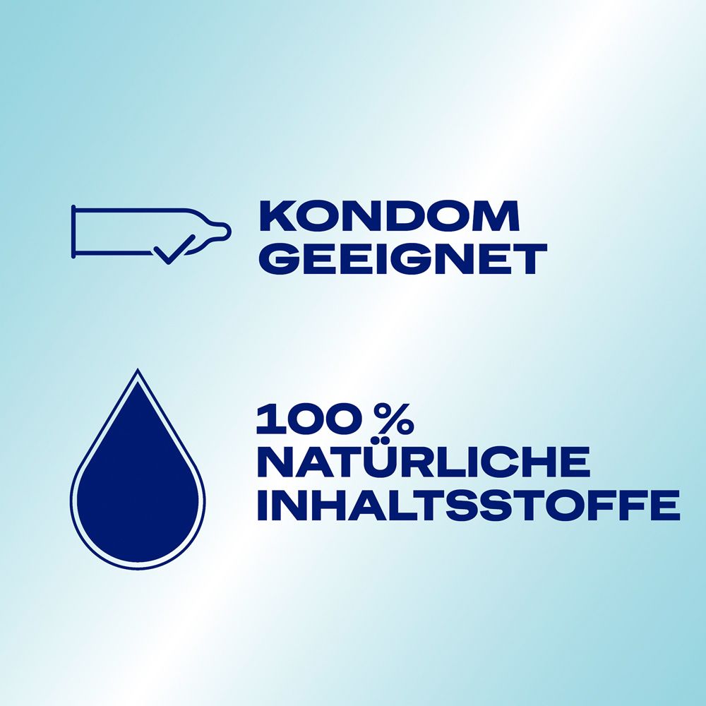 Graphique avec symbole de préservatif et texte 'Convient aux préservatifs'. Goutte avec texte '100% ingrédients naturels'.