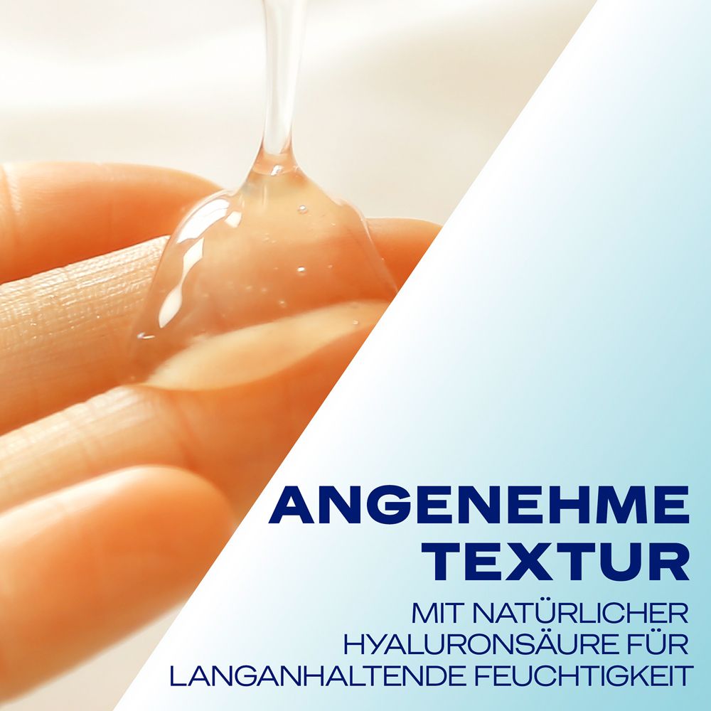Gros plan de gel sur une main. Texte : 'Texture agréable. Avec acide hyaluronique pour hydratation longue durée'.