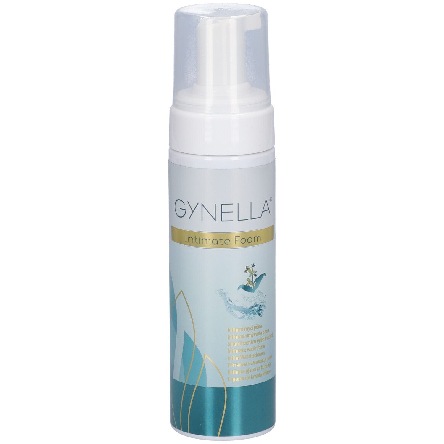 Flacon blanc avec pompe. Inscription GYNELLA Intimate Foam. Graphique turquoise et blanc.