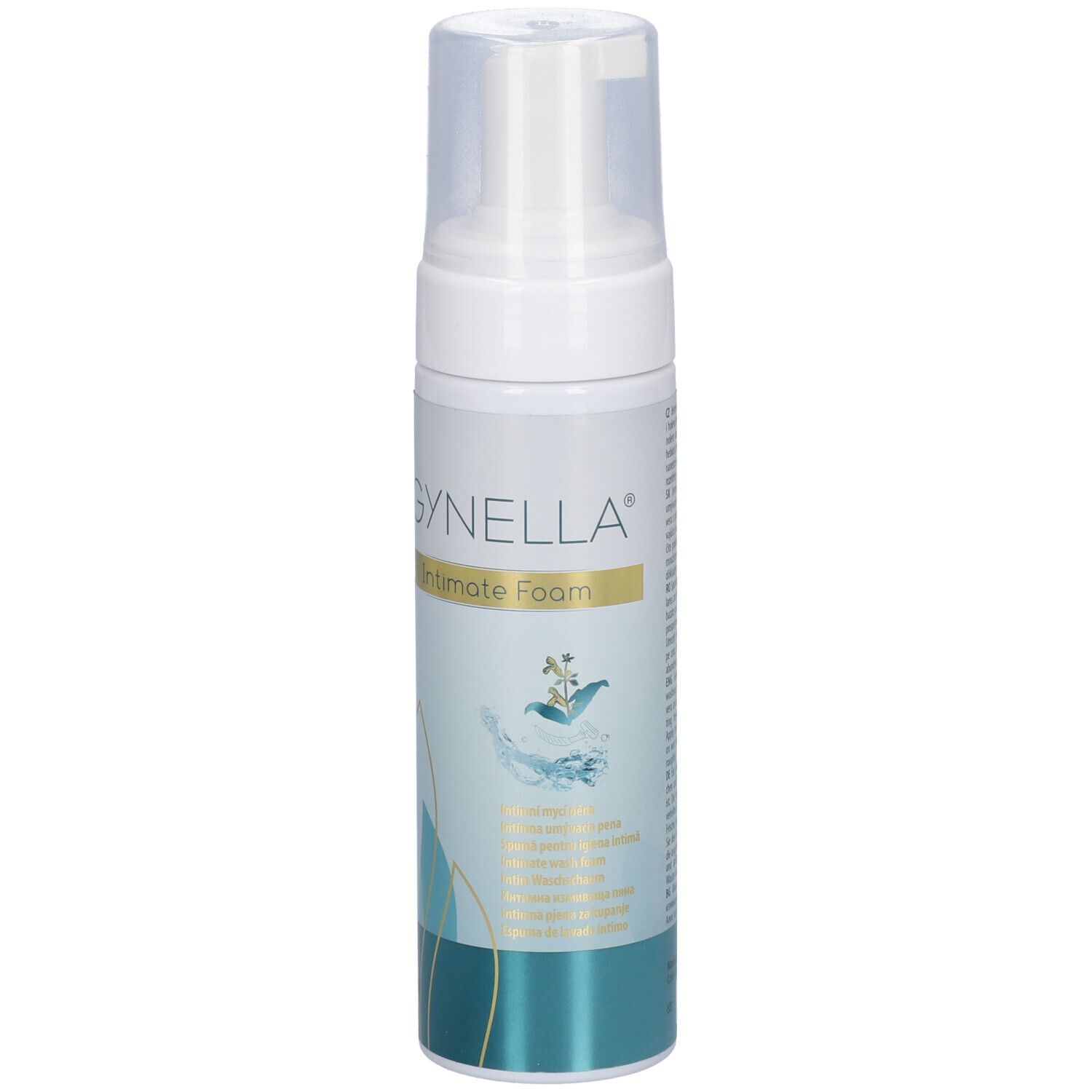 Flacon blanc avec pompe. Inscription GYNELLA Intimate Foam. Graphique turquoise et blanc.
