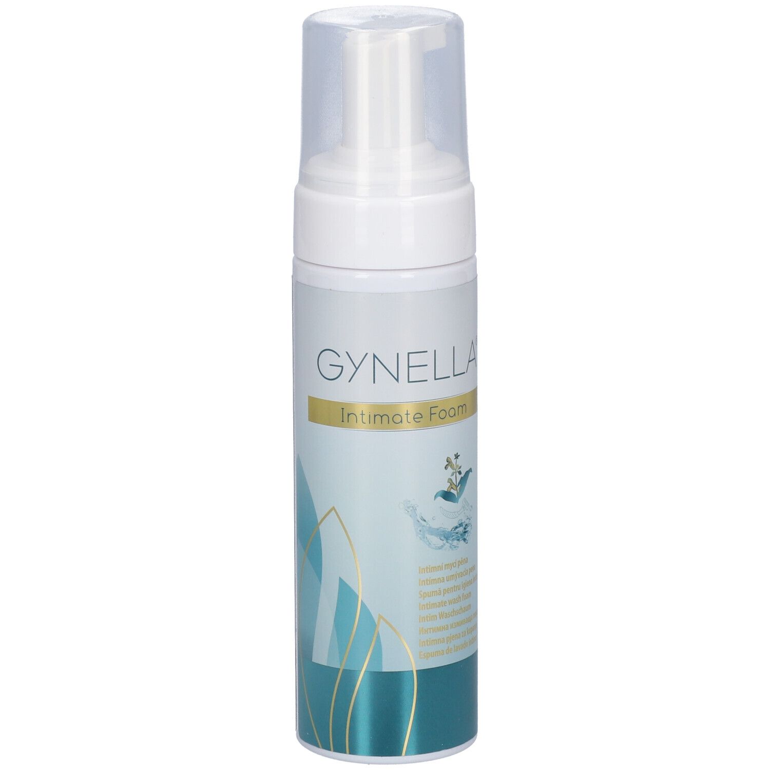 Flacon blanc avec pompe. Inscription GYNELLA Intimate Foam. Graphique turquoise et blanc.
