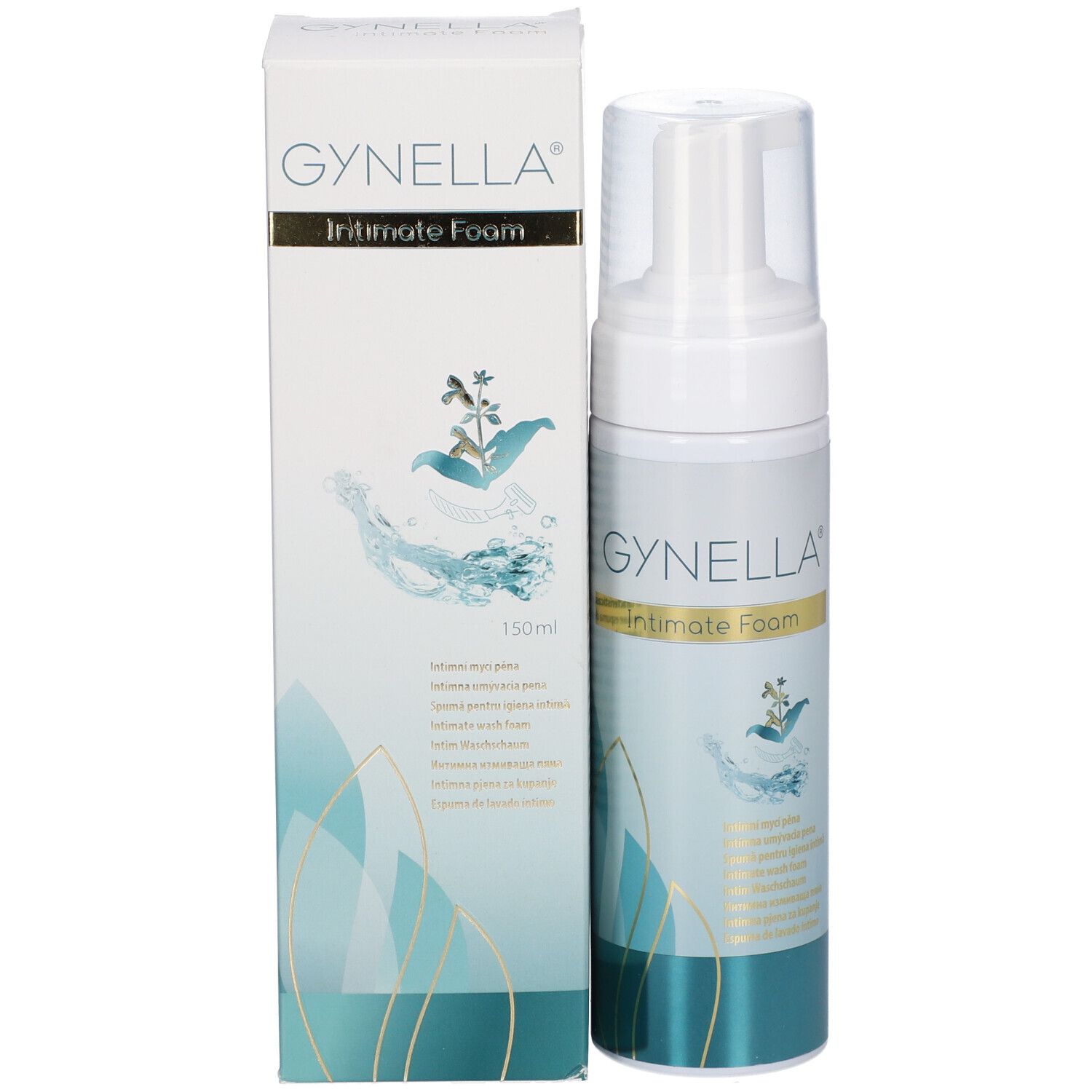 Flacon et emballage du produit. Inscription GYNELLA Intimate Foam. Graphique turquoise et blanc. 150ml.
