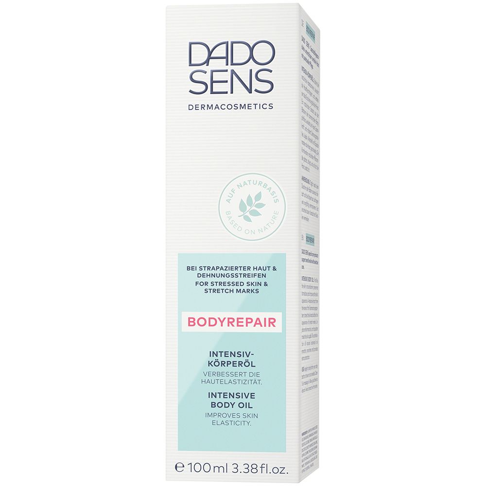 DADO SENS BODYREPAIR Intensieve Body Oil in verpakking. Opschrift: BODYREPAIR, Intensieve Body Oil, voor striae.
