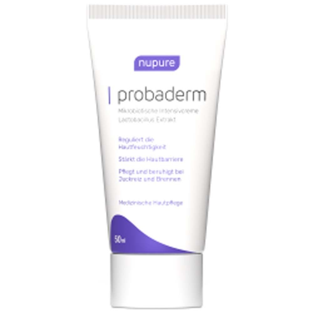 Crèmetube en vouwdoos. Opschrift: nupure probaderm, Microbiotische Intensieve crème. Medische huidverzorging.