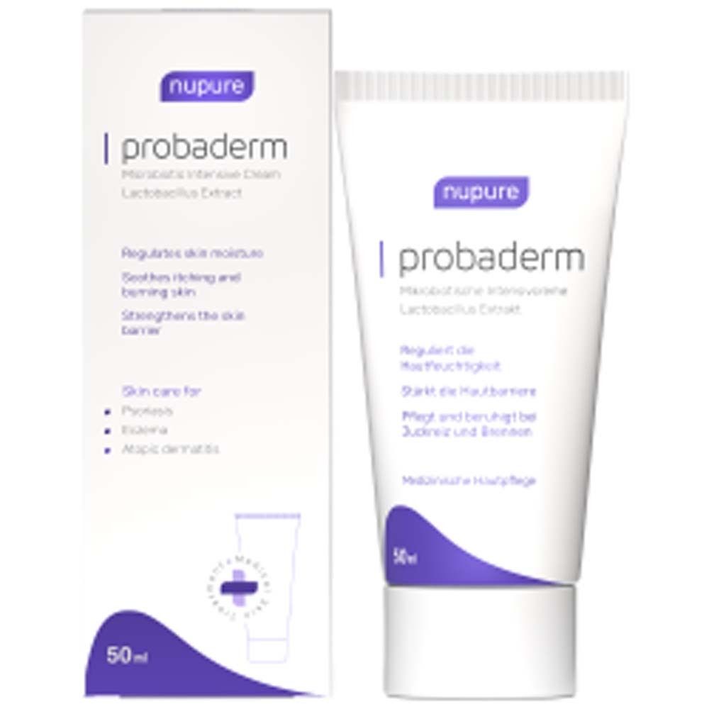 Twee crèmetubes. Opschrift: nupure probaderm, Microbiotische Intensieve crème. Medische huidverzorging. 50 ml.