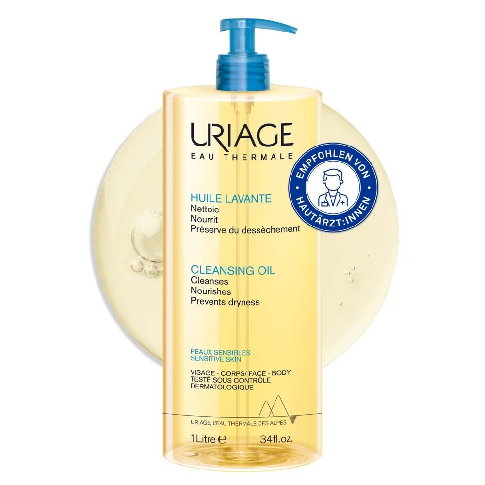 Flacon d'huile lavante Uriage avec pompe, 1 litre. Recommandé par les dermatologues.