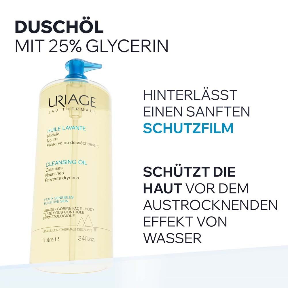 Huile de douche Uriage à 25% de glycérine. Laisse un film protecteur, protège du dessèchement.