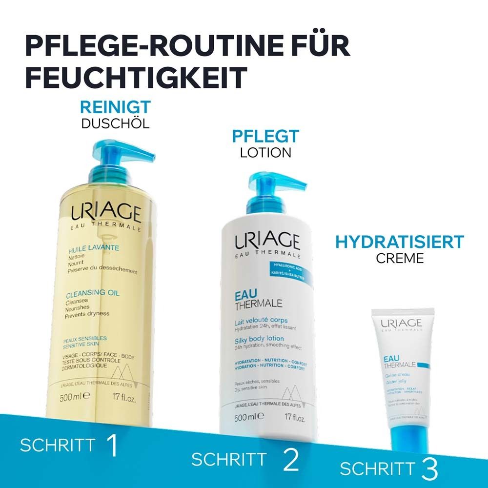 Routine de soin Uriage: Nettoie avec huile lavante, soigne avec lotion, hydrate avec crème.