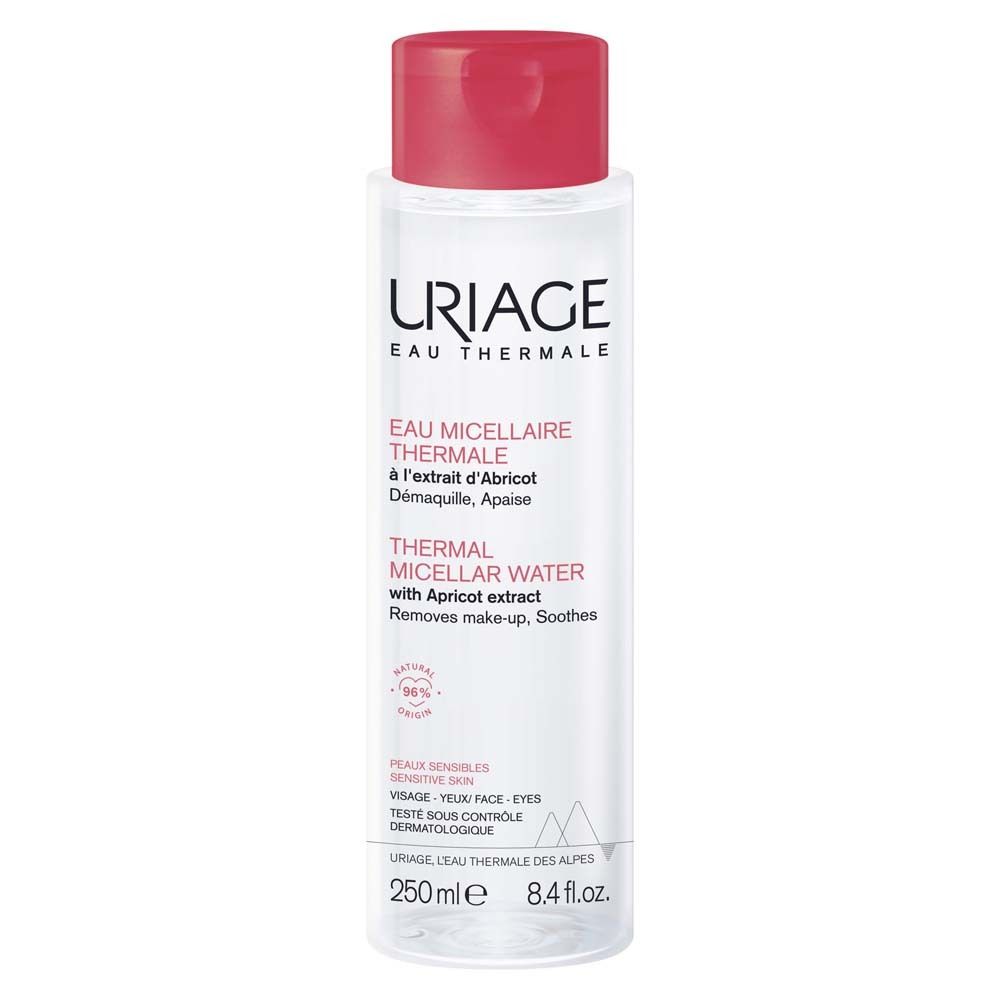 Flacon d'Eau Micellaire Thermale Uriage, bouchon rouge. Contient 96% d'ingrédients d'origine naturelle.