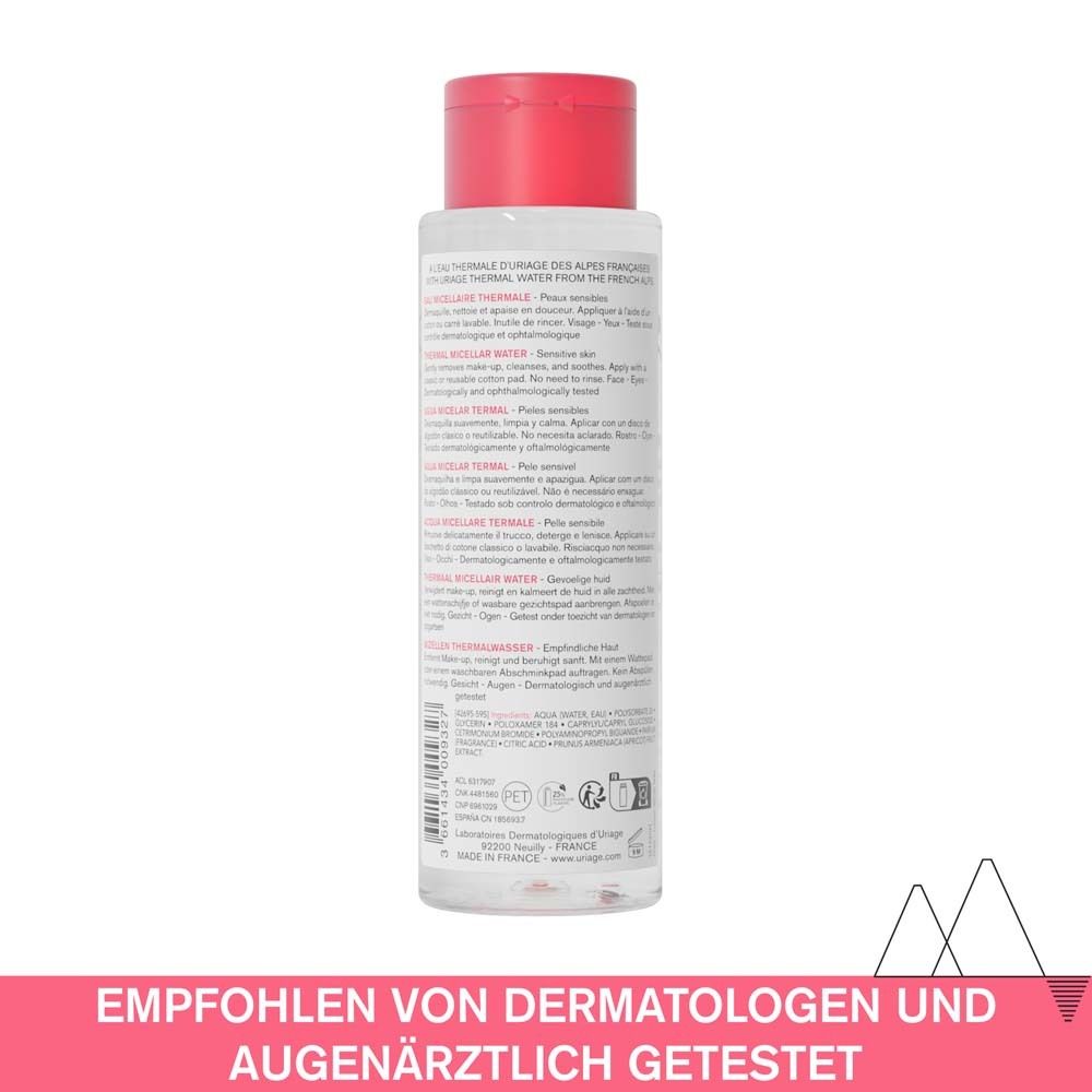 Dos du flacon d'Eau Micellaire Thermale Uriage. Texte multilingue. Testé dermatologiquement.