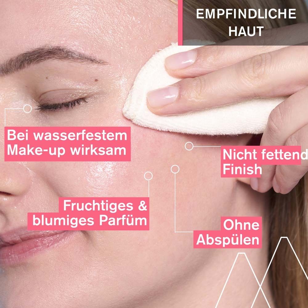 Visage avec coton. Texte: Efficace sur maquillage waterproof, non gras, parfum fruité, sans rinçage.