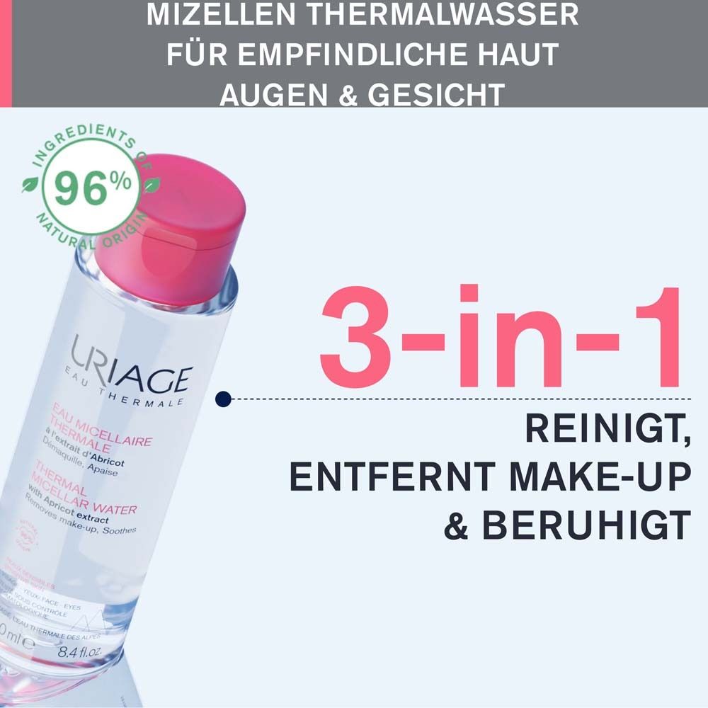 Flacon d'Eau Micellaire Thermale Uriage. Texte: Nettoie, démaquille & apaise. 3-en-1. Pour peaux sensibles.