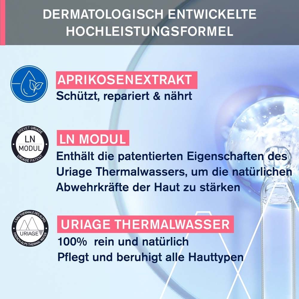 Graphique avec ingrédients. Extrait d'abricot, Module LN, Eau Thermale Uriage. Formule développée dermatologiquement.