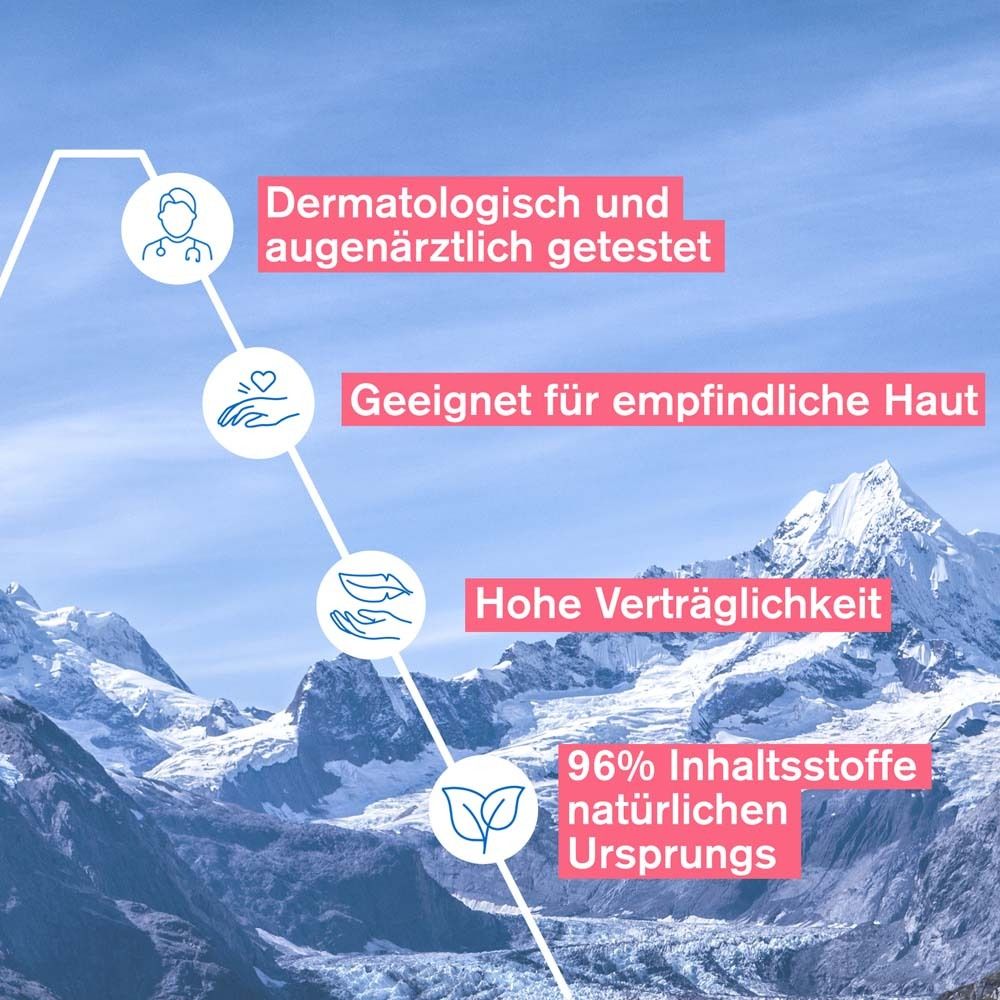 Graphique avec icônes. Testé dermatologiquement, pour peaux sensibles, haute tolérance, 96% ingrédients naturels.