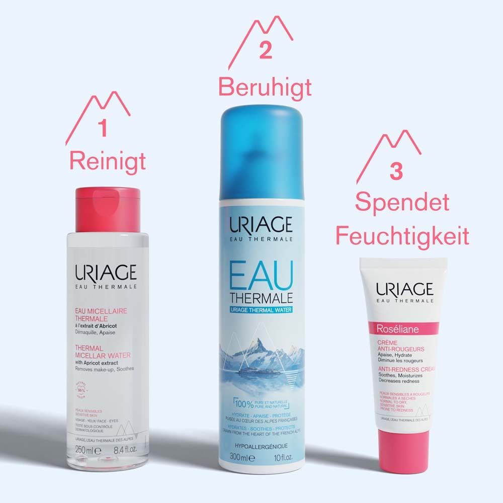Trois produits Uriage. Eau Micellaire Thermale, Spray Eau Thermale, Crème Roséliane. Nettoie, apaise, hydrate.