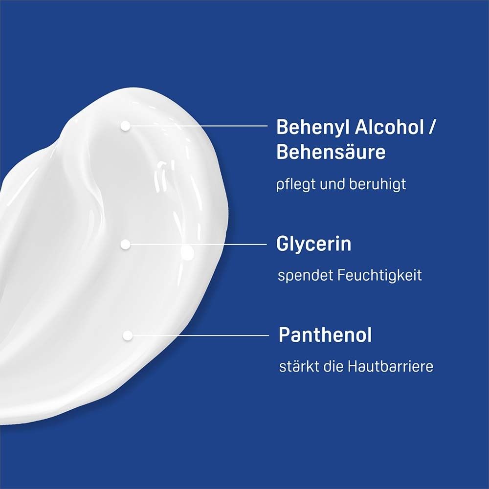 Tache de crème avec texte. Texte : Alcool béhénylique, glycérine, panthénol. Texte bleu sur fond bleu.