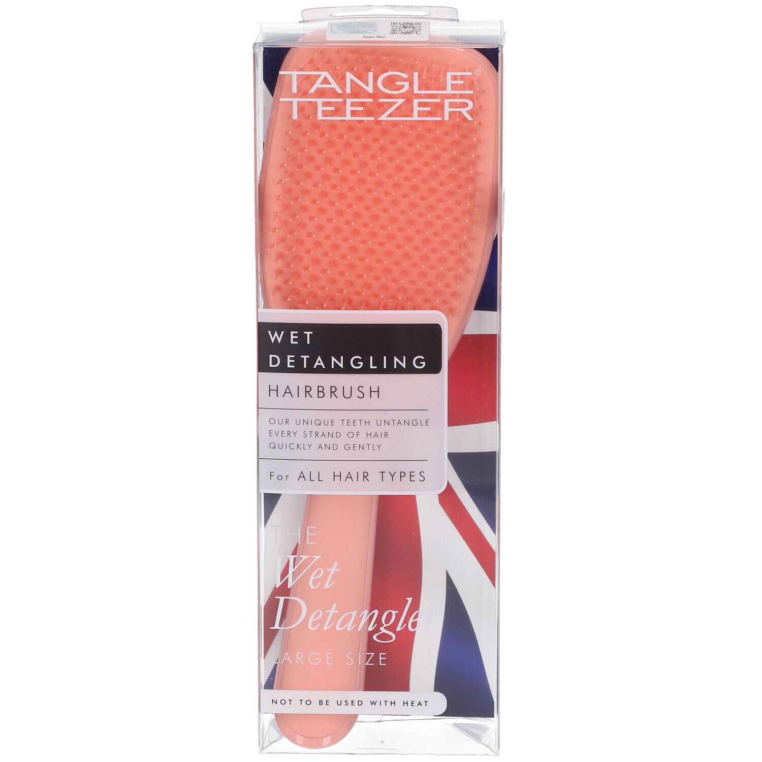 Brosse démêlante Wet Detangler Tangle Teezer corail, grande taille, dans son emballage transparent Union Jack.
