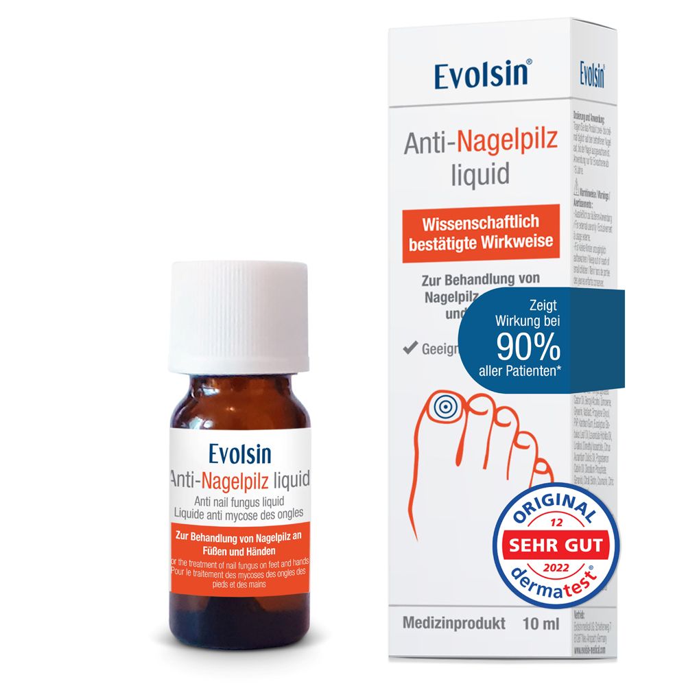 Flacon et emballage Evolsin Anti-Nagelpilz liquid. Label Dermatest. Produit médical.