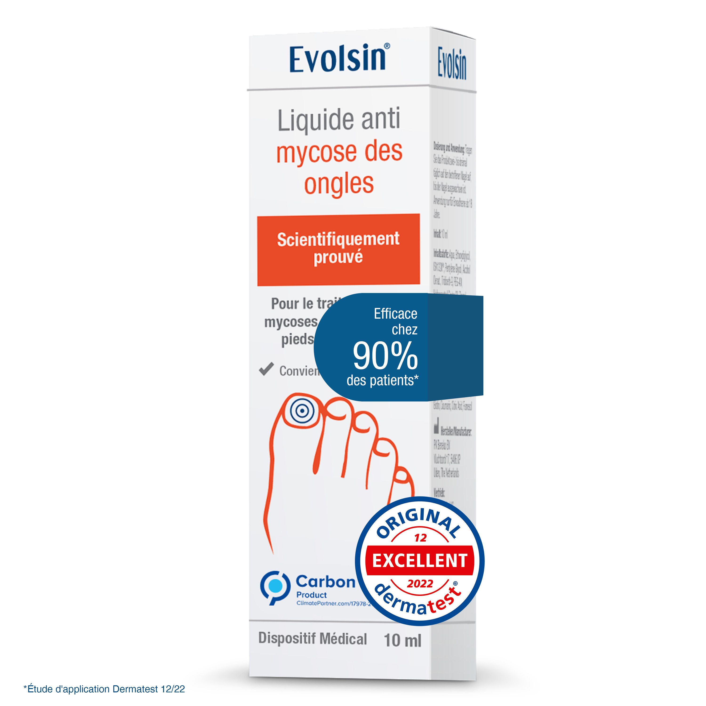 Evolsin, Liquide anti mycose des ongles. Flacon et emballage. Label Dermatest.