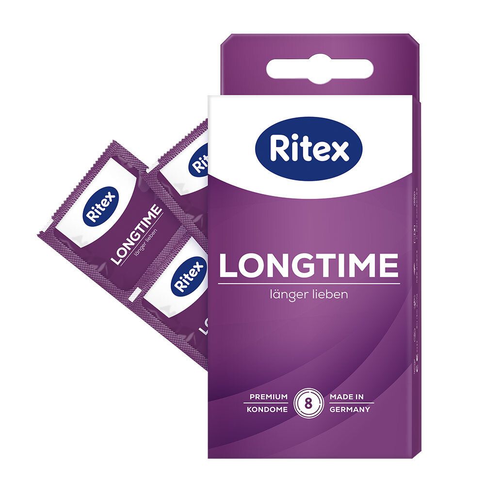 Ritex LONGTIME condooms. Verpakking met 8 condooms en drie individuele verpakkingen. Paarse verpakking met wit logo.