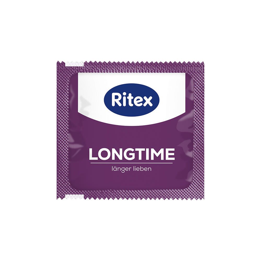 Individuele verpakking van een Ritex LONGTIME condoom. Paarse verpakking met wit logo en productnaam.