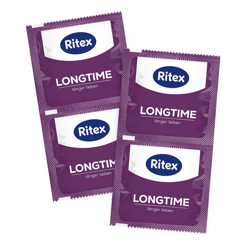 Vier individuele verpakkingen van Ritex LONGTIME condooms. Paarse verpakking met wit logo en productnaam.