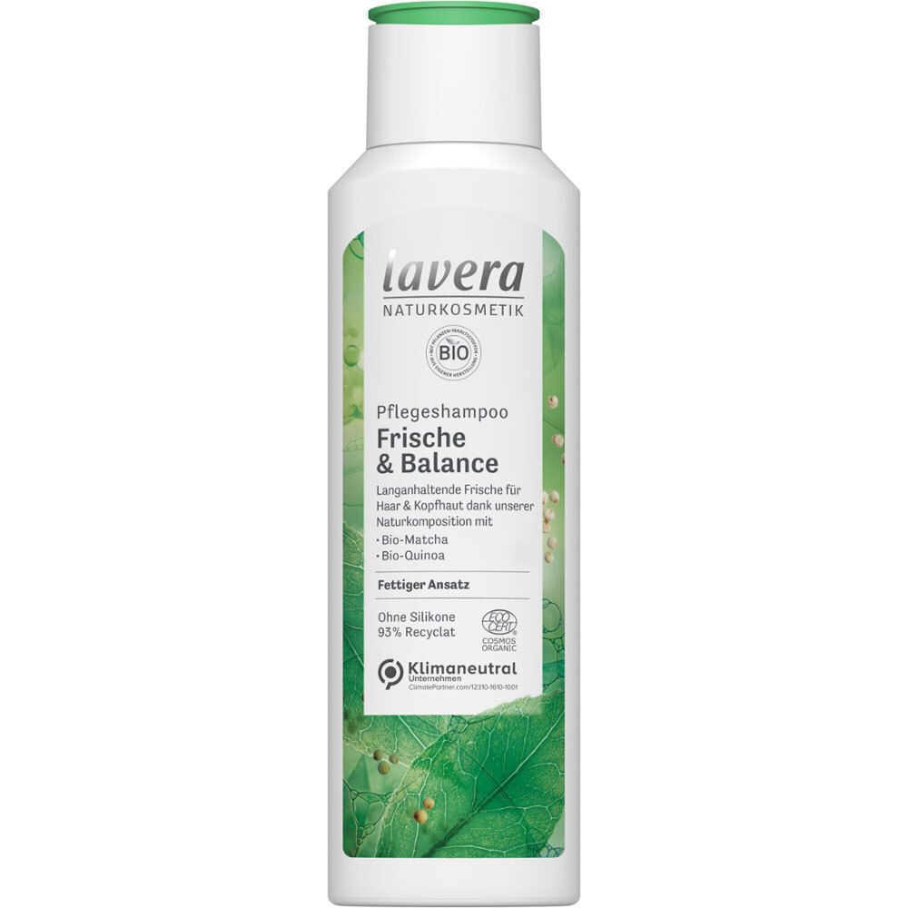 Bouteille de shampooing Lavera Frische & Balance avec bouchon vert à rabat. Logos Natrue et Klimaneutral visibles.