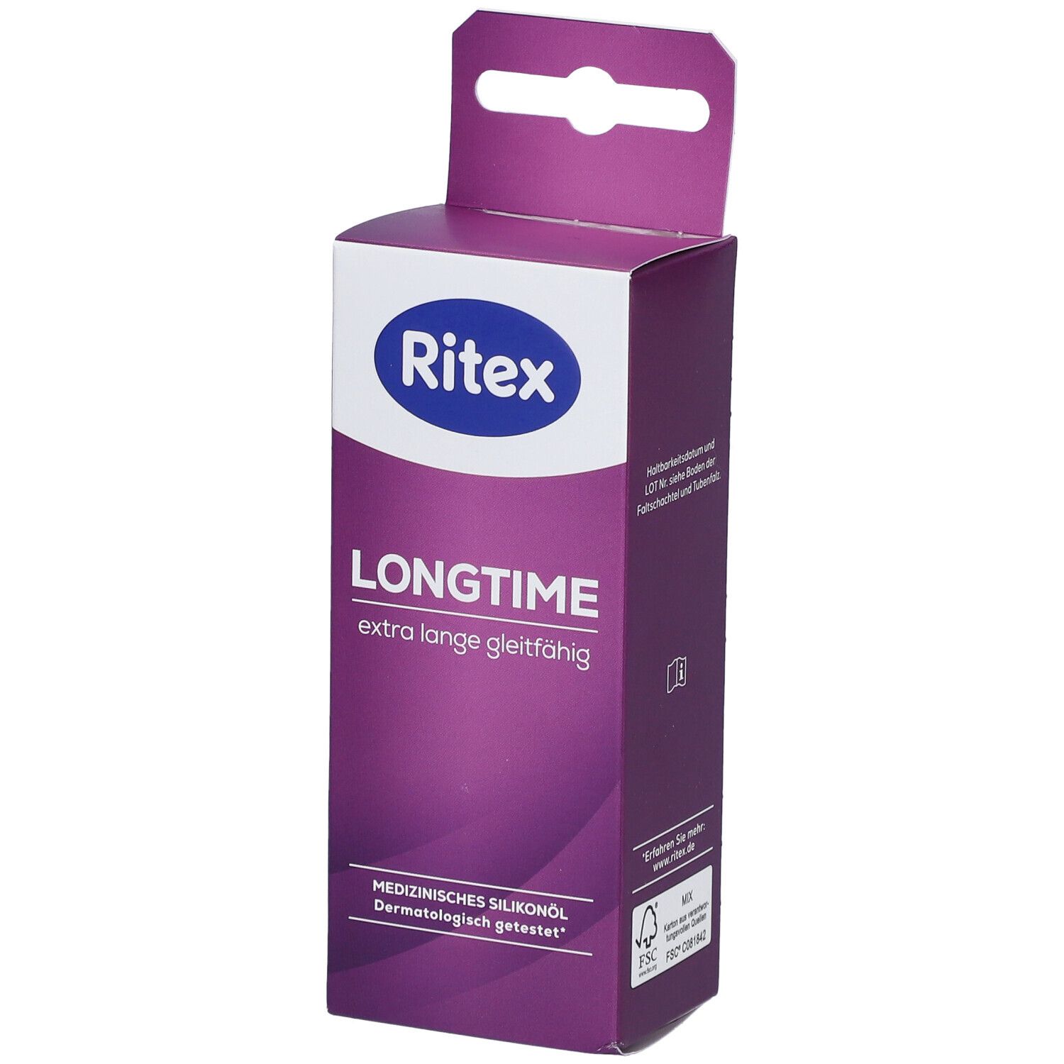 Verpakking van Ritex LONGTIME. Paars-witte doos met productnaam en logo. Medische siliconenolie formulering.