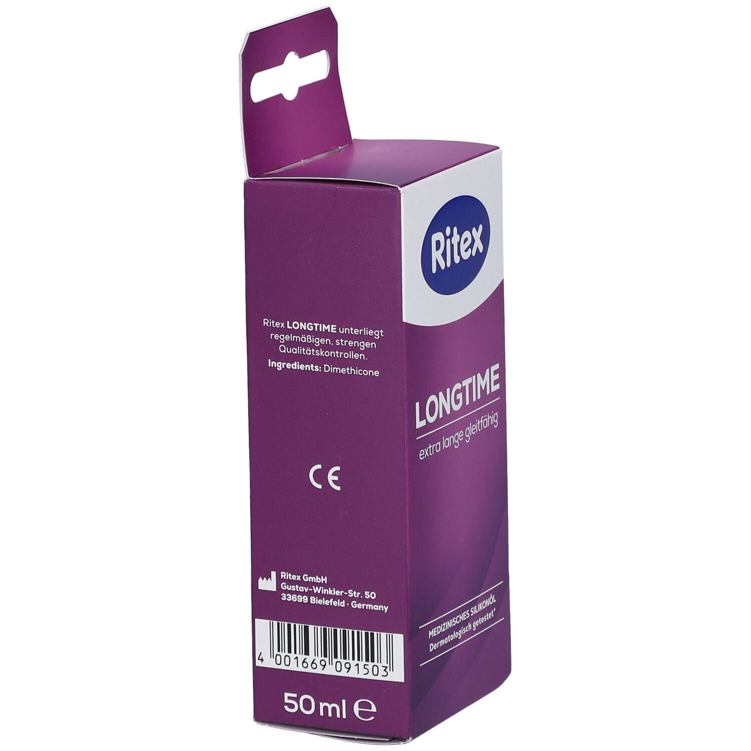 Zijaanzicht van de Ritex LONGTIME verpakking. Bevat informatie over ingrediënten en fabrikant. 50ml.