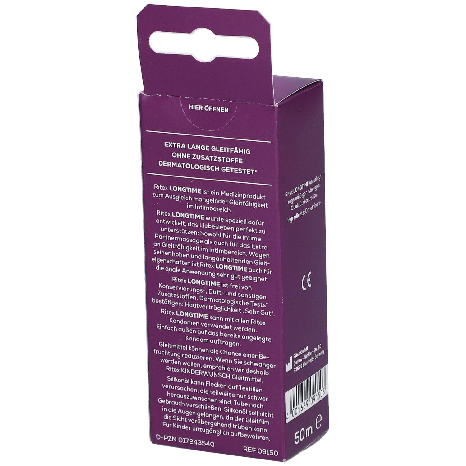 Geopende Ritex LONGTIME verpakking. Tekst over de eigenschappen van het product. CE-markering en 50ml.