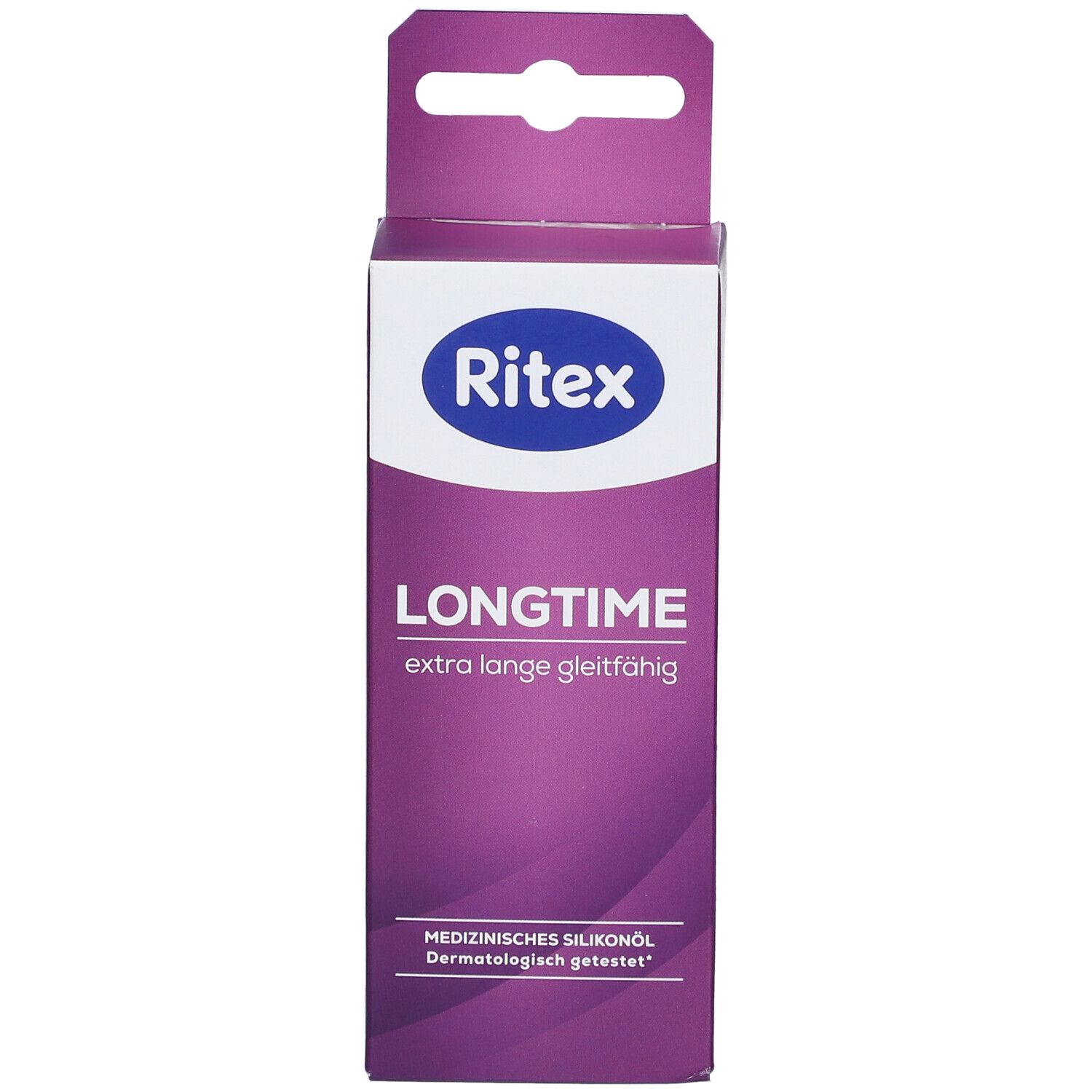 Vooraanzicht van de Ritex LONGTIME verpakking. Paars-witte doos met productnaam en logo. Medische siliconenolie formulering.