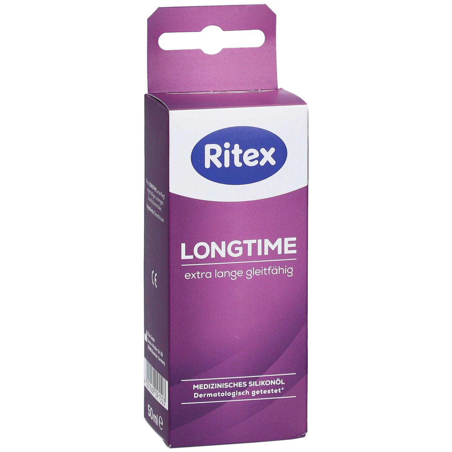 Ritex LONGTIME verpakking. Paars-witte doos met productnaam en logo. Medische siliconenolie formulering. 50ml.