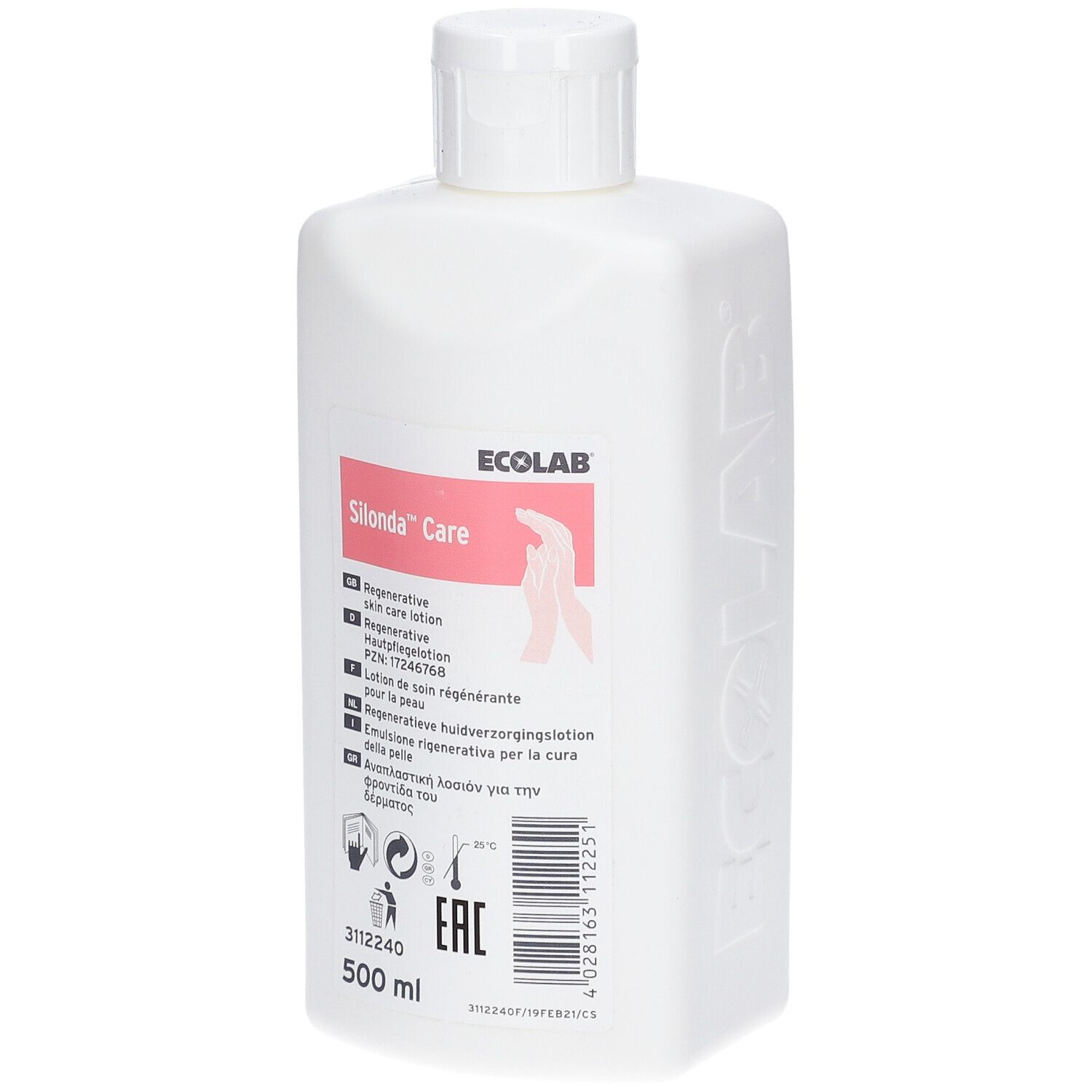 Witte fles met Silonda™ Care-etiket. Bevat 500 ml. Opschriften: Regenererende huidverzorgingslotion, ECOLAB, EAC-teken.