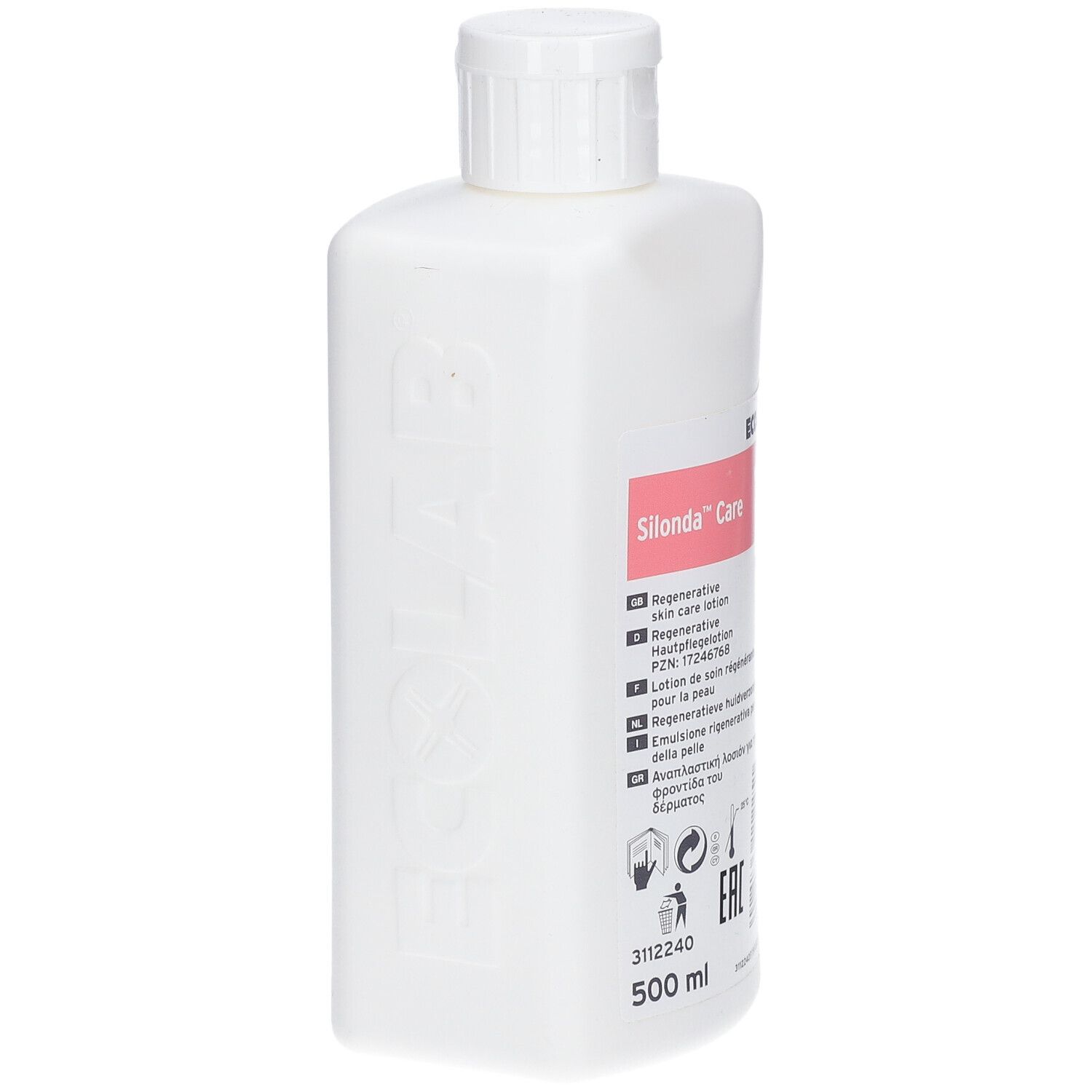 Witte fles met Silonda™ Care-etiket. Opschriften: Regenererende huidverzorgingslotion, ECOLAB. Fles iets schuin.