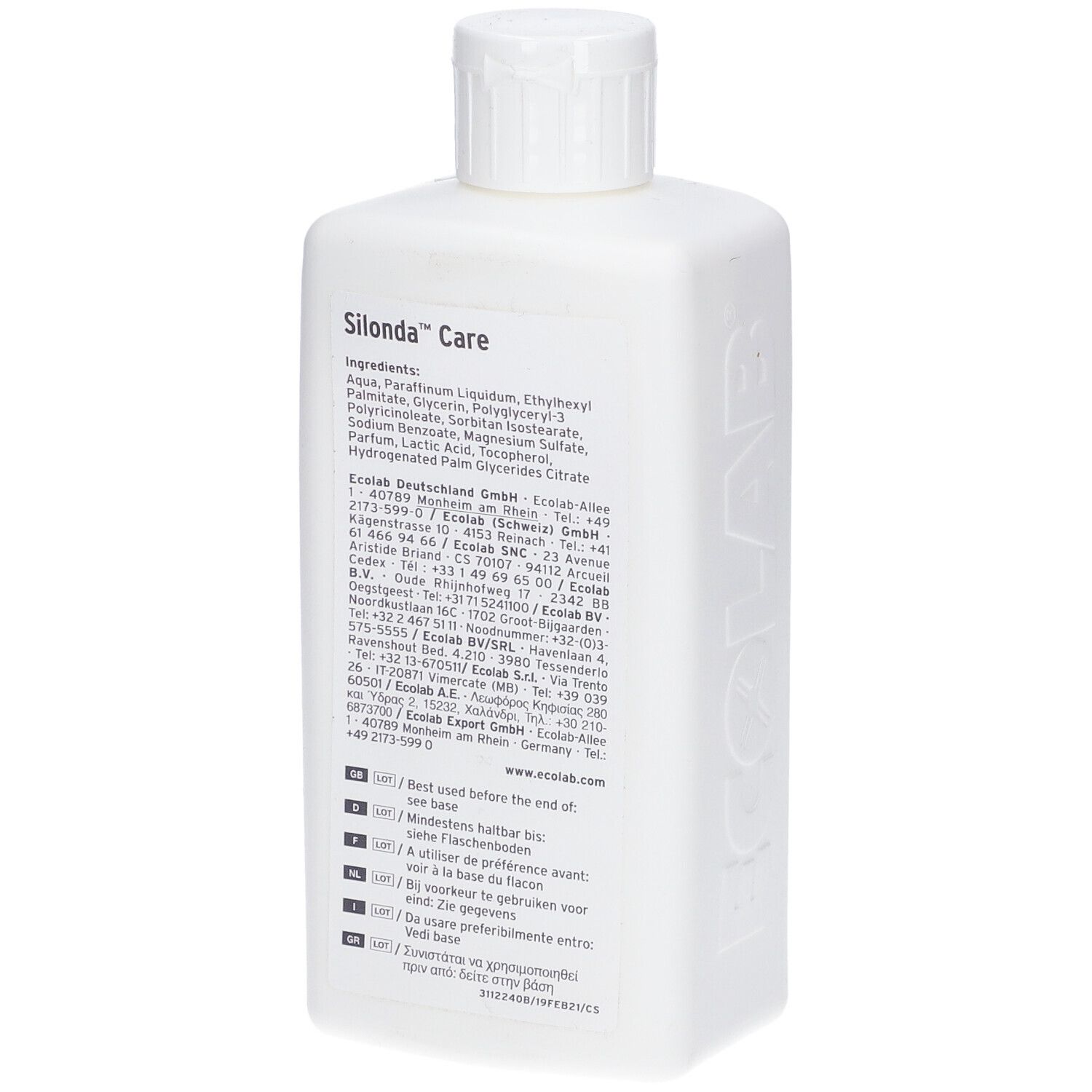 Witte fles met Silonda™ Care-etiket. Achterkant met ingrediënten en fabrikantinfo. ECOLAB-logo.